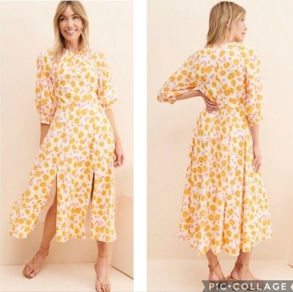 Keepsake Dissolve Midi Dress Yellow Ivory Size 8 L Cottage Floral Flowy Feminine
